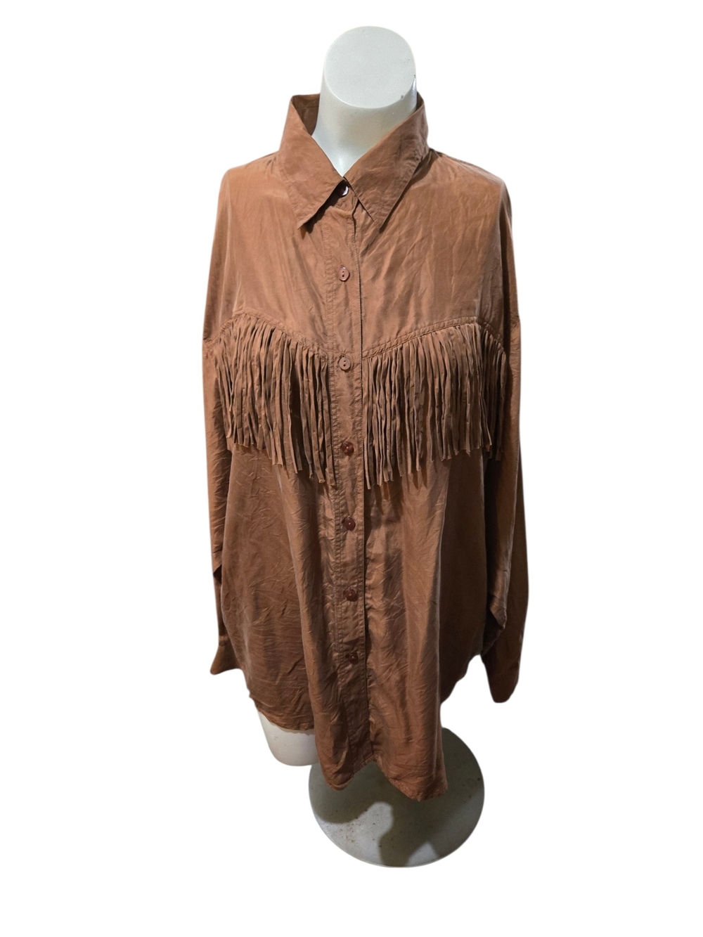 Moda by Dakota 100% Silk Brown Fringe Button Up Western Blouse Size M